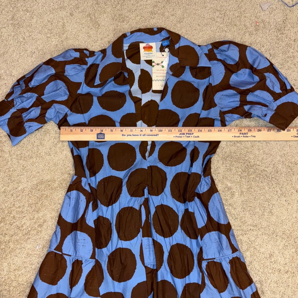 Anthropologie Farm Rio Mini Dress Blue Puff Sleeve Bow Vacay Resort Retro S NWT - Picture 11 of 16